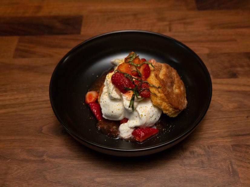 Recruit Stacey Lopers dessert dish, Stawberry shortcake with straeberries, creme fraiche and pistachios, as seen on Worst Cooks in America, Season 27, Spoiled Rotten