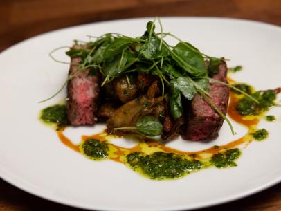 Recruit Stacey Lopers Entree dish, New York strip steak, with Chimichurri and crispy potatoes, as seen on Worst Cooks in America, Season 27, Spoiled Rotten