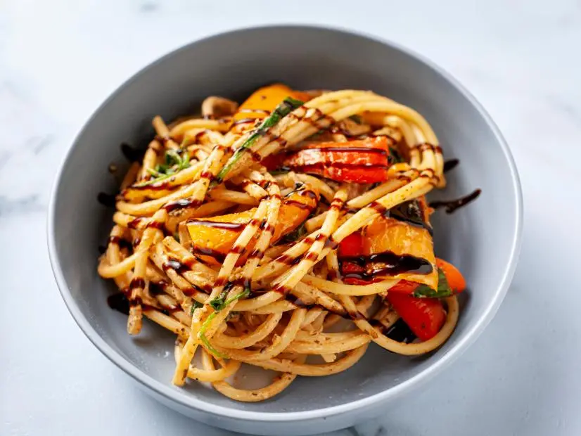 Close-up of Roasted Red Pepper Pasta, as seen on The Pioneer Woman, Season 33.