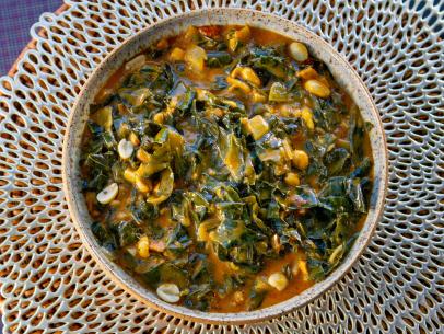 Tiffany Derry’s Creamed Collards with Peanut Butter and Dried Shrimp, as seen on Guy’s Ranch Kitchen Season 6.