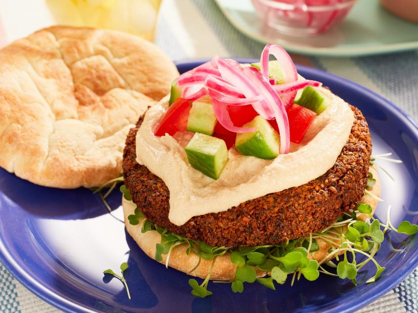 Close up of a Falafel Burger, as seen on Mary Makes It Easy, season 2.