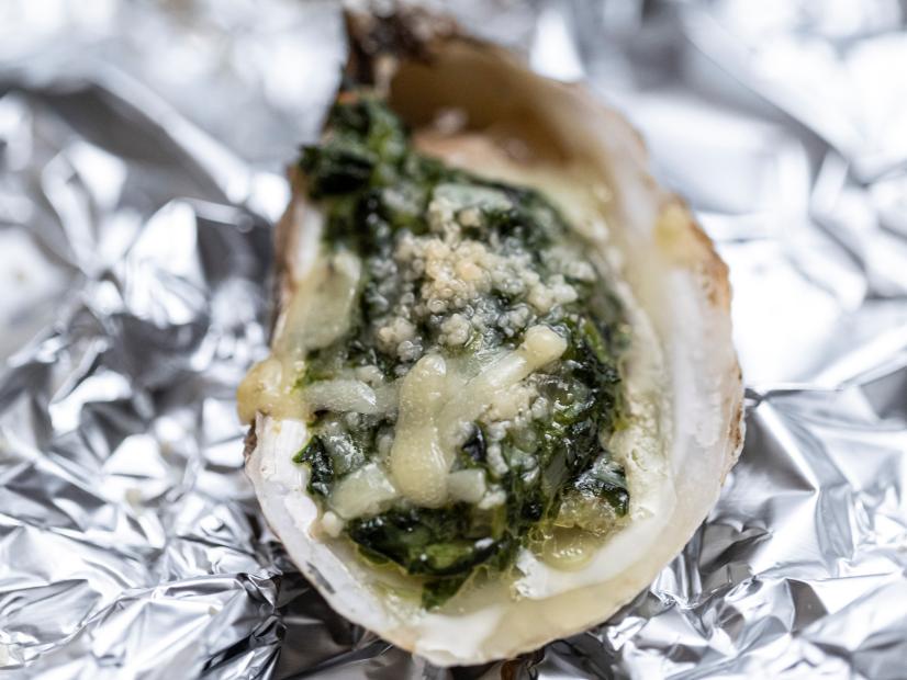 Close-up of Easy Oysters Rockefeller, as seen on Be My Guest with Ina Garten, season 3.