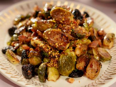 Beauty shot of Molly Yeh's Crispy Roasted Brussels Sprouts, as seen on Girl Meets Farm Season 12.