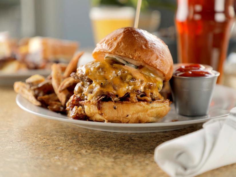 The Gridiron Burger, as served by St. Lawrence Gridion, located in Boise, Idaho – as seen on Food Network’s Diners, Drive-Ins and Dives, Season 37. 