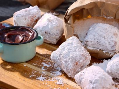 Beignets with Chicory Chocolate Sauce, as seen on Symon's Dinners Cooking Out, Season 4.