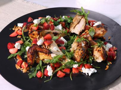 Spatchcock Chicken and Strawberry Salad, as seen on Symon's Dinners Cooking Out, Season 4.