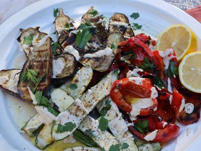 Grilled Summer Vegetables with Tahini Dipping Sauce, as seen on Symon's Dinners Cooking Out, Season 4.