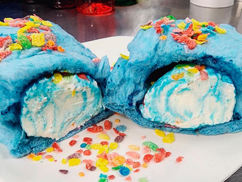 Over-the-Top treat from ALABAMA. Cotton Candy Burrito Ice cream and Fruity Pebbles wrapped in blue spun sugar at Cream & Cones in Pelham.
