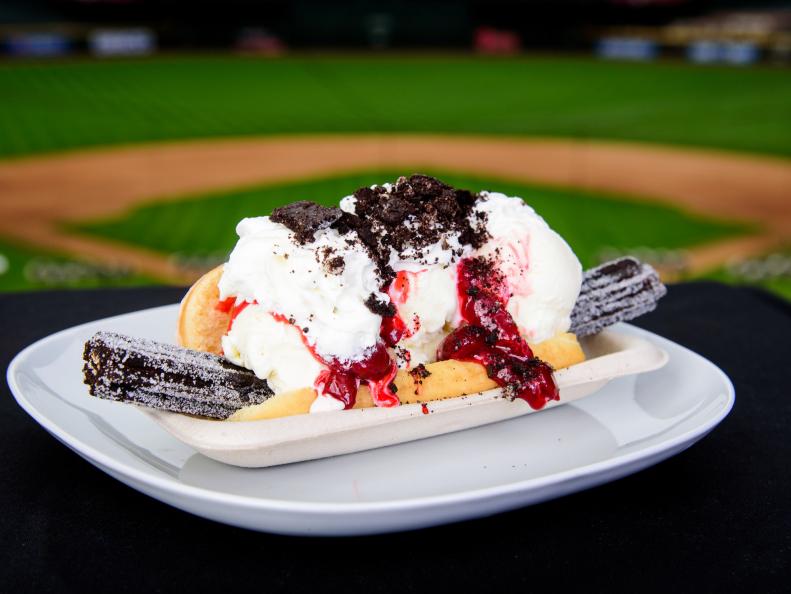 Over-the-Top treat from ARIZONA. Churro Dog at served at Chase Field in Phoenix. PHOENIX\, AZ - FEBRUARY 27: Churro Dog 2.0. (Photo by Sarah Sachs/Arizona Diamondbacks)