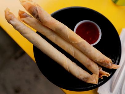 Lumpia as served by Belly & Snout, located in Rancho Cucamonga, California, as seen on Triple D Nation, Season 5.