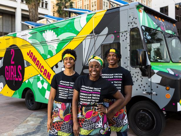 2 Girls Jamaican Tacos: Shelly Flash (Head Chef), Elijah Mcphie (Prep), Bri Labossiere (Hype Person), as seen on The Great Food Truck Race, Season 16.