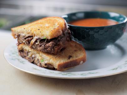 Short Rib Grilled Cheese w/ Kimchi Tomato Soup as served by The Governor Modern Diner, located in Millford, OH  - as seen on Diners Drive-Ins and Dives, Season 37.