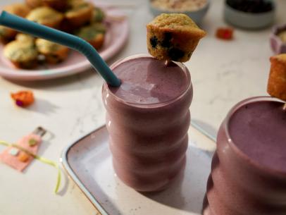 Beauty of Molly Yeh's Mini Blueberry Muffin Garnish with Blueberry Muffin Smoothies, as seen on Girl Meets Farm Season 13
