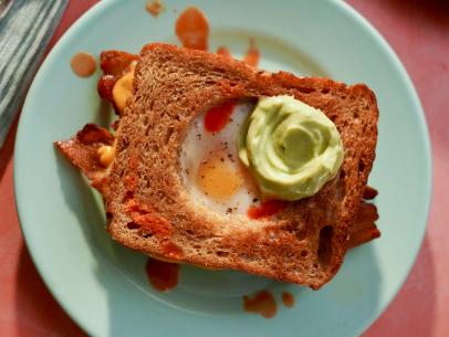 Beauty of Molly Yeh's Grilled Bacon, Egg and Cheese in a Basket with Avocado Dip, as seen on Girl Meets Farm Season 13
