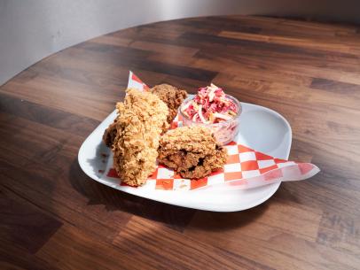 Red team main dish - Fried Chicken and Coleslaw, as seen on Worst Cooks in America Season 26.