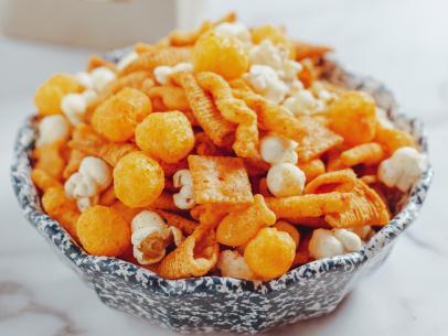 Close-up of Chipotle Cheddar Snack Mix, as seen on The Pioneer Woman, Season 34.