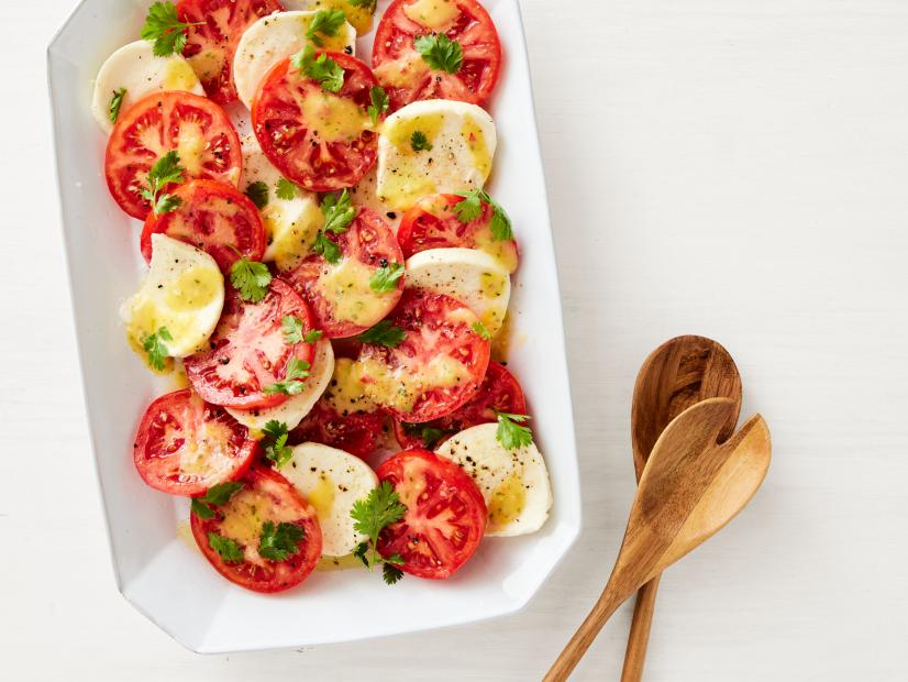 Aarti Sequeira's CAPRESE SALAD WITH ROASTED MANGO DRESSING.