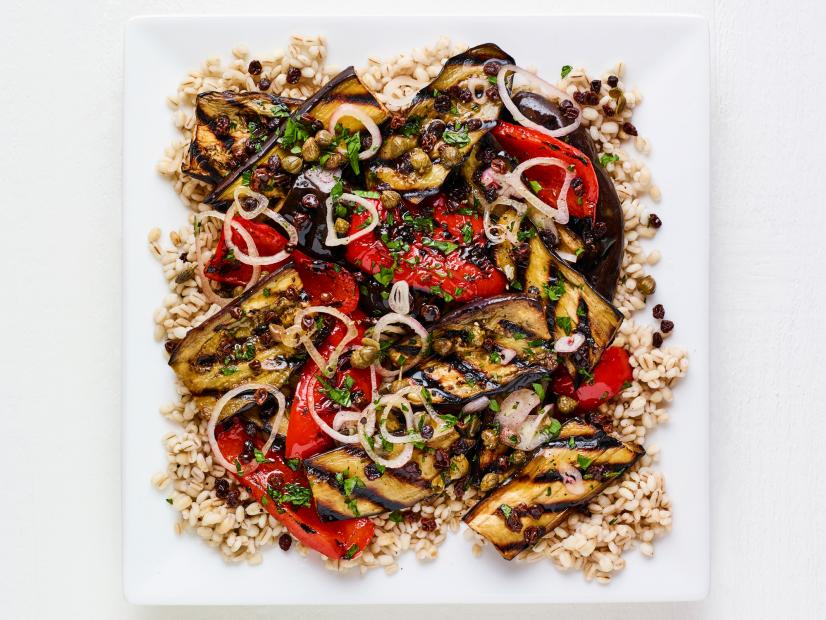 GRILLED EGGPLANT AND PEPPERS WITH BARLEY.