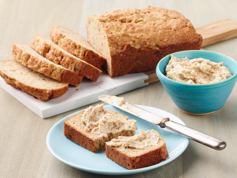 Bobby Flays Banana Bread with Vanilla Bean "Pecan Butter", as seen on Food Network.