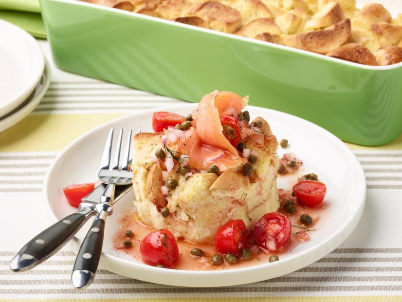 Bobby Flay's Everything-Bagel Strata with Caper Relish and Smoked Salmon for the Updated Manhattan episode of Brunch @ Bobby's, as seen on Food Network.