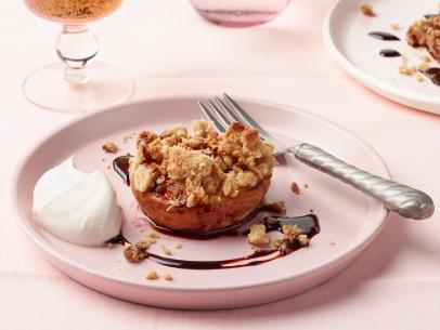 Bobby Flay's Streusel Topped Baked Peaches with Sorghum Glaze for the Southern Brunch episode of Brunch @ Bobby's, as seen on Food Network.