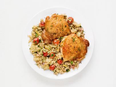 Chicken Thighs with Rice\, Fennel and Grapes.