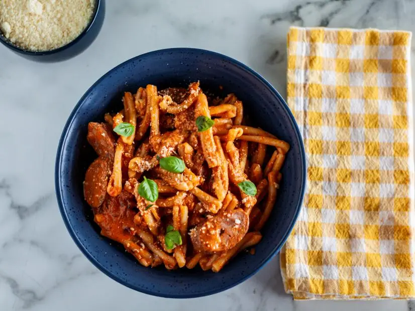 Close-up of Easy Tomato Cream Pasta, as seen on The Pioneer Woman, Season 35.