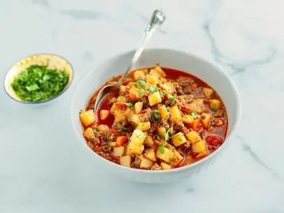 Close-up of Speedy Hamburger Soup, as seen on The Pioneer Woman, Season 35.