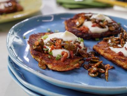Jeff Mauro's Bacon and Chive Spaghetti Squash Fritters, as seen on The Kitchen, Season 34.