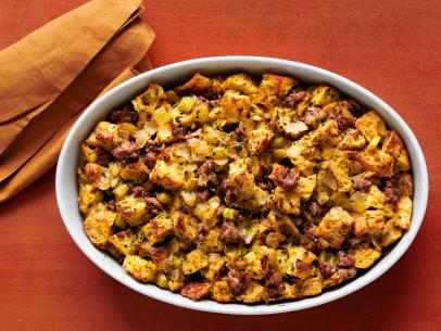 HERBED STUFFING WITH SAUSAGE; CORNBREAD STUFFING WITH POBLANOS AND CHEESE.