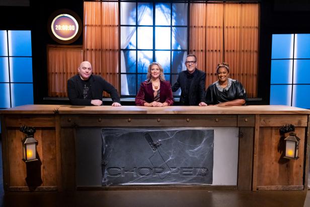 Judges Amanda Freitag, Chris Santos, Sunny Anderson and host Ted Allen as seen on Chopped, Season 56