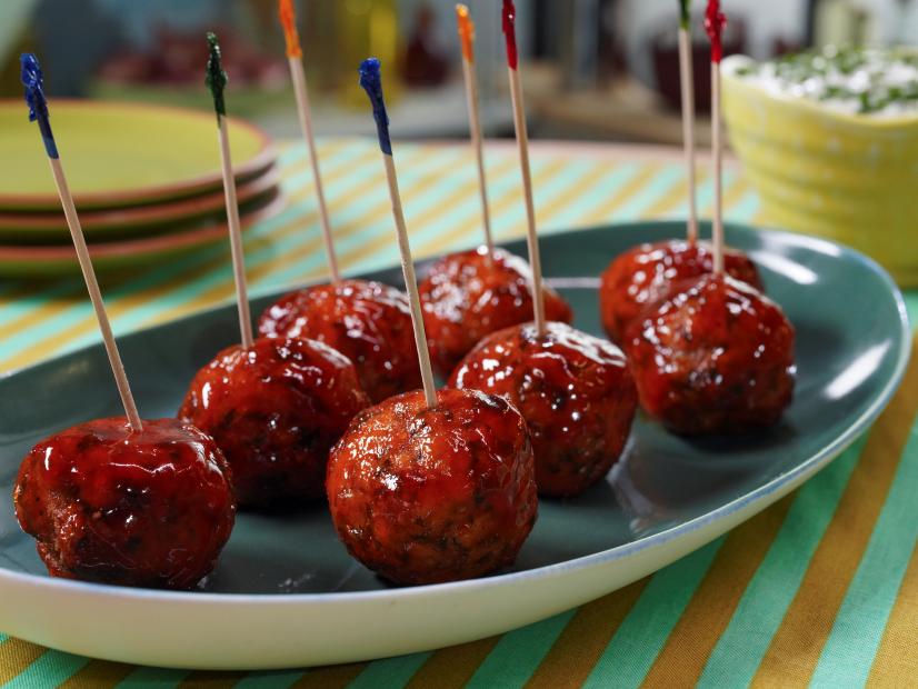 Sunny Anderson's Buffalo Chicken Meatballs with Ranchy Blue Dipping Sauce Beauty, as seen on The Kitchen, Season 34.