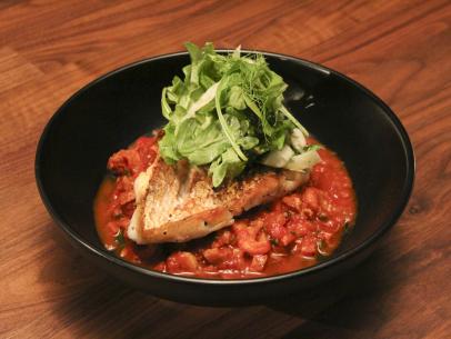 Chef Tiffany Derry Main DIsh Red Snapper with Crawfish tomato and chorizo food beauty, as seen on Worst Cooks in America Season 27.