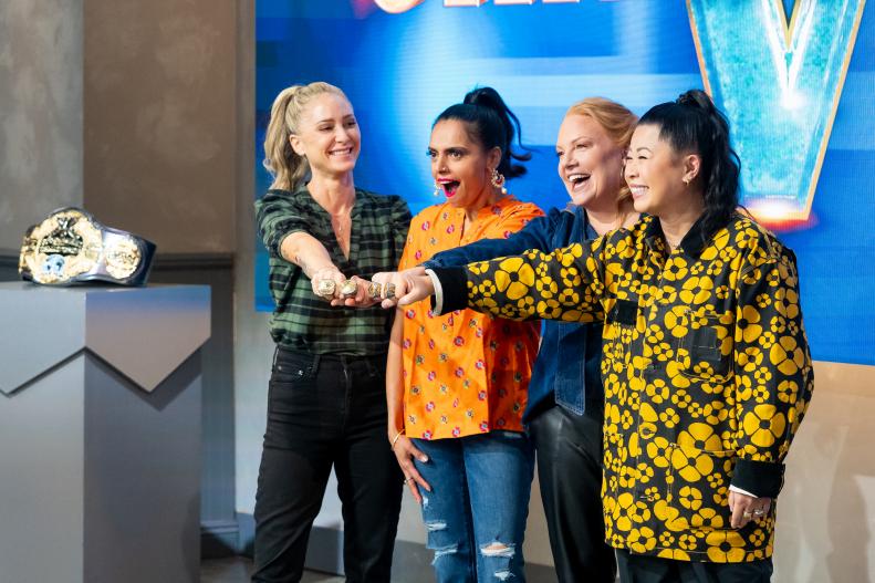 The four Tournament of Champions Winners, Brooke Williamson, Maneet Chauhan, Tiffani Faison, and Mei Lin with their Championship Rings, as seen on Tournament of Champions, Season 5.