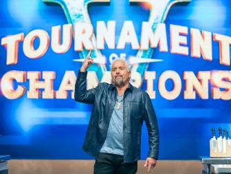 Host Guy Fieri introduces the East A Matchup between contestants Maneet Chauhan and Nini Nguyen, as seen on Tournament of Champions, Season 5.