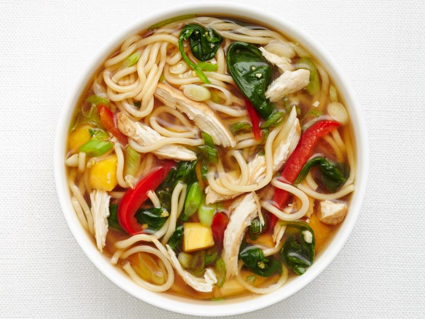 GINGER CHICKEN NOODLE SOUP WITH WINTER SQUASH. Egg noodles, noodle soup.