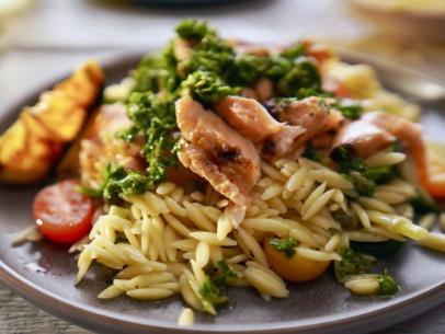 Beauty of Molly Yeh's Grilled Salmon with Charred Veggie Lemon Orzo, as seen on Girl Meets Farm Season 14