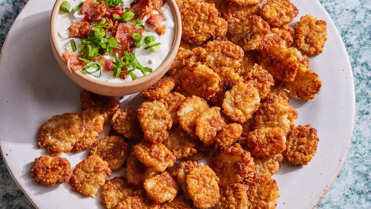 Smashed Tater Tot Chips with Loaded Green Onion Dip