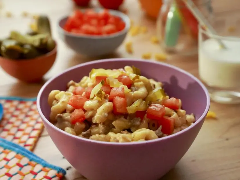 Beauty Shot of Molly Yeh's Hamburger Mac + Cheese, as seen on Girl Meets Farm Season 14