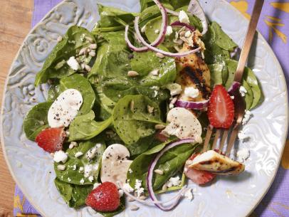 Katie Lee Biegel's Spinach Salad with Grilled Chicken and Pickled Strawberries Beauty, as seen on The Kitchen, Season 36.