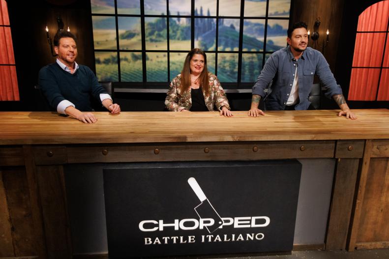Judges Scott Conant, Alex Guarnaschelli and Gabe Bertaccini watch the chefs cook during round three, as seen on Chopped: Battle Italiano, Season 58.