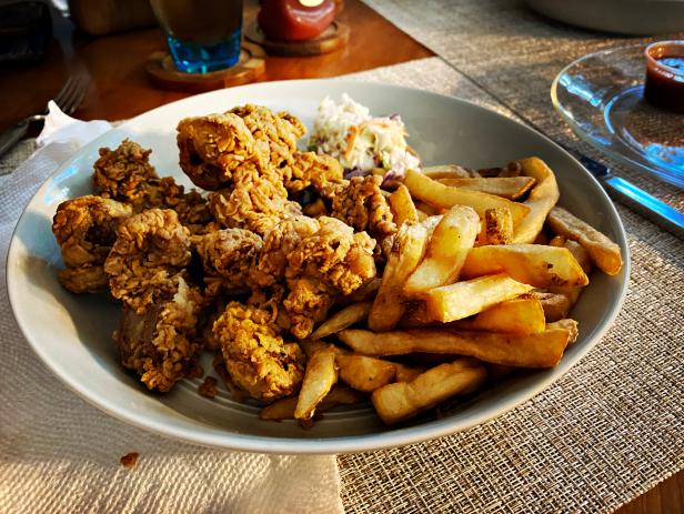 Fried Chicken Gizzards, French Fries and Cold Slaw