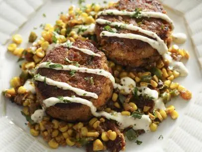 Kardea Brown's Lowcountry Deviled Crab Cakes with Fried Corn Beauty, as seen on The Kitchen, Season 37.