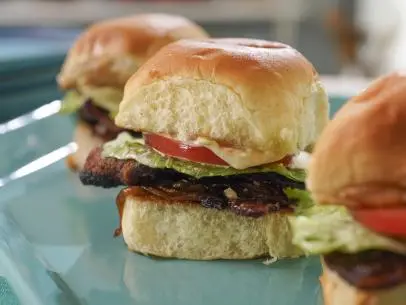 Jeff Mauro's Maple Pepper Candied Bacon BLT Sliders with Giardiniera Aioli Beauty, as seen on The Kitchen, Season 37.