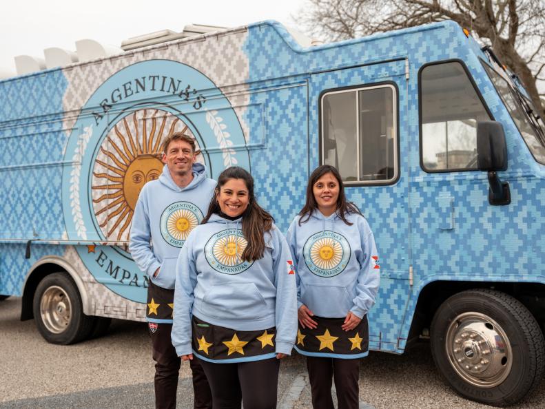 ARGENTINA’S EMPANADAS team members, Carolina Freeman, Paola Mentis and Chad Freeman, as seen on The Great Food Truck Race, Season 17.