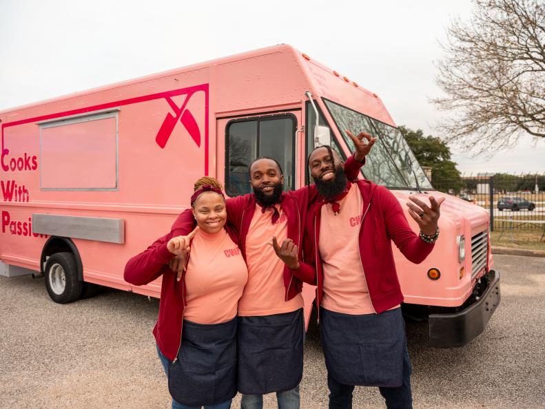 COOKS WITH PASSION’s team members, Andrew Bernadine, Terry Jones and Jasmine Smith, as seen on The Great Food Truck Race, Season 17.