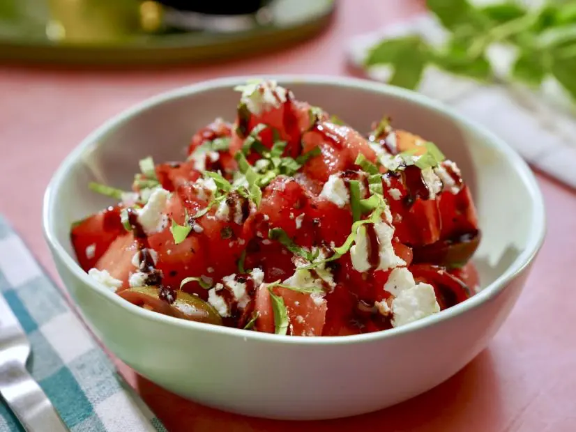 Beauty of Molly Yeh's Watermelon Feta Tomato Salad, as seen on Girl Meets Farm Season 14