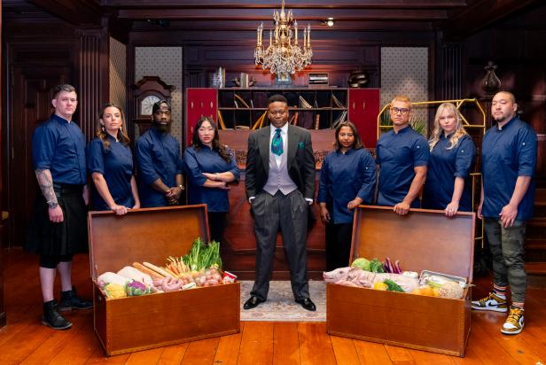 Host Tituss Burgess with contestants Graham Campbell, Gabriella Baldwin, Tobias Dorzon, Nini Nguyen, Aarthi Sampath, Byron Gomez, Brittany Anderson, and Kevin Lee, as seen on Last Bite Hotel, Season 1.
