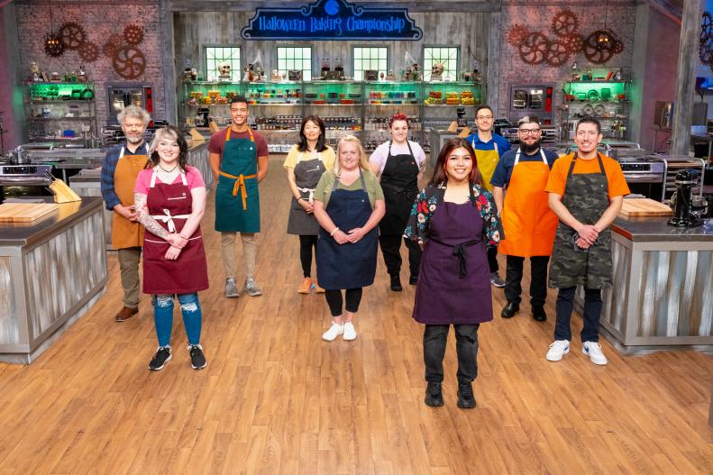 Contestants Thierry Aujard, Megan Aucone, Aaron Davis, Lillian Chng, Carly Robertson, Samantha Santiago Torres, Hollie Rivera, Joel Gonzalez, Manny Martinez and JL Hinojosa, portrait, as seen on Halloween Baking Championship, Season 10.