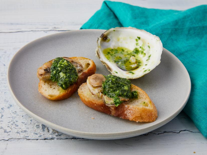 Marc Murphy Roasted Oysters with Parsley Butter on Baguette, as seen on Food Network Kitchen.